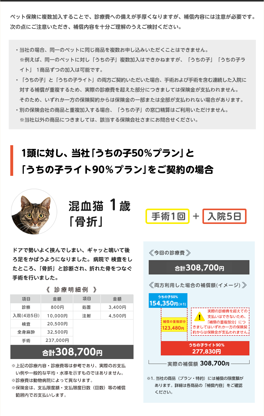 ペット保険を複数ご検討の方への注意事項と、混血猫1歳「骨折」の診療費の支払いイメージ
