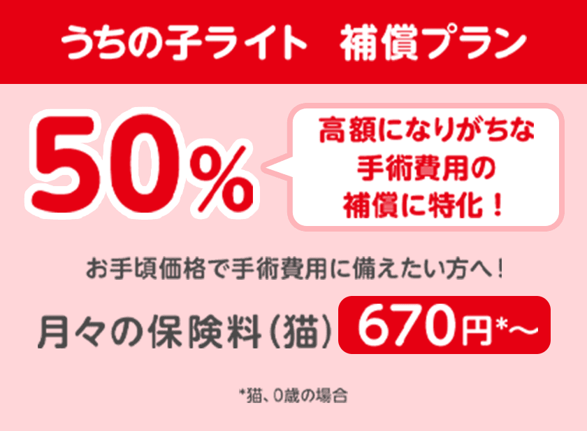 うちの子ライト 補償プラン50%「高額になりがちな手術費用に特化!」お手頃価格で手術費用には備えたい方へ!月々の保険料(猫)670円*〜