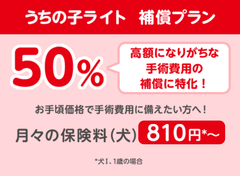 うちの子ライト  補償プラン50％「高額になりがちな手術費用に特化！」お手頃価格で手術費用には備えたい方へ！月々の保険料（犬）810円*〜