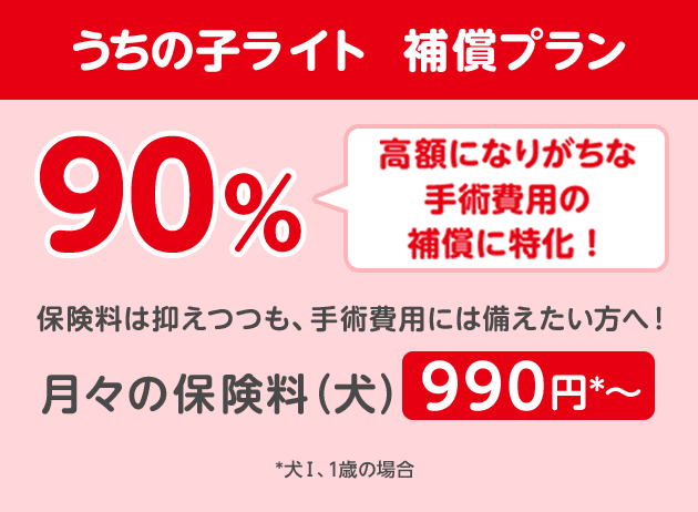 うちの子ライト 補償プラン90%「高額になりがちな手術費用に特化!」保険料は抑えつつも、手術費用には備えたい方へ!月々の保険料(犬)990円*〜