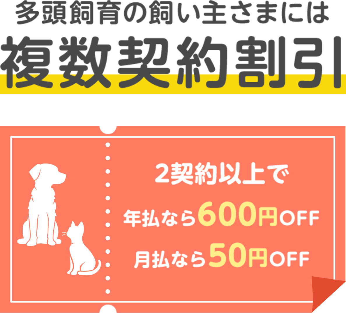 【多頭飼いの飼い主さまには複数契約割引】2契約以上で年払なら600円OFF、月払なら50円OFF